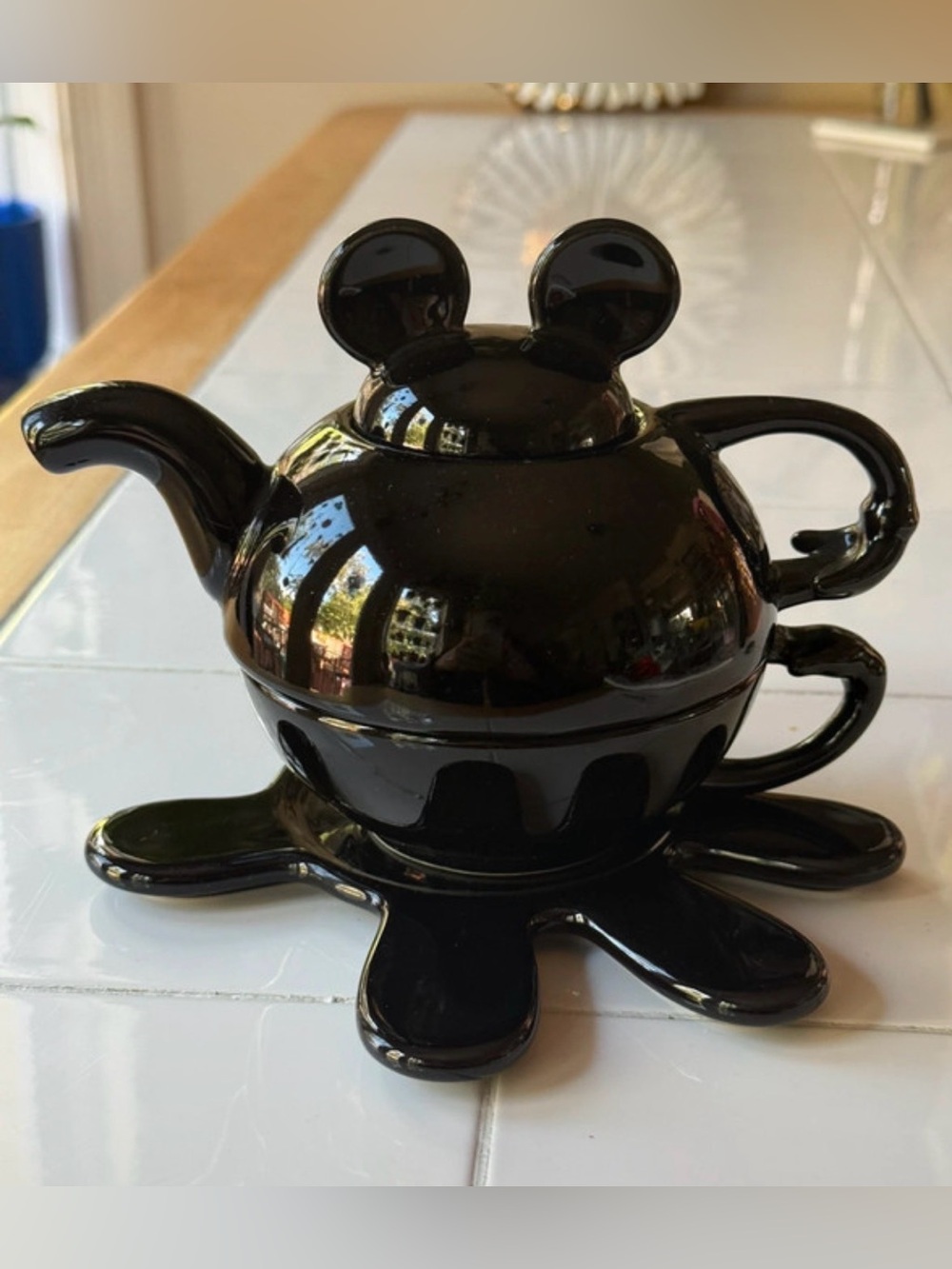 Vintage Walt Disney Mickey Mouse Tea For One Black Cup & Teapot Saucer Set Rare